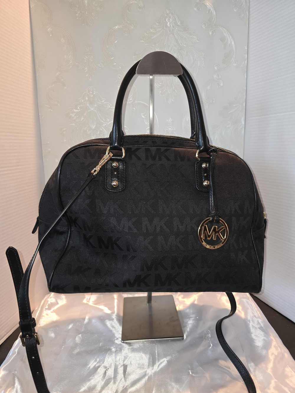 Michael Kors Black MK Signature Dome Satchel with Gold Charm